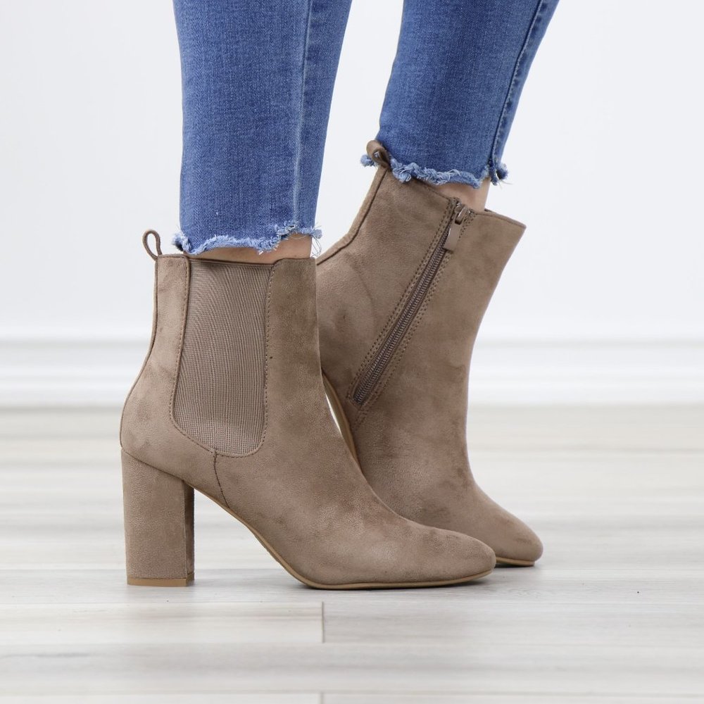 Taupe Suede Chelsea Round Toe Block High Heel Above Ankle Boots - Picture 2 of 12
